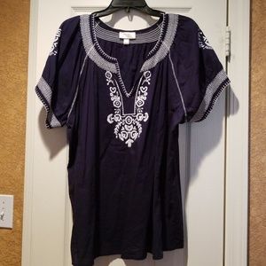 Navy blue and white embroidered tunic style top